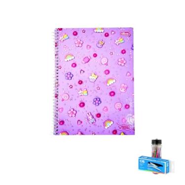 Imagem de Kit Caderno Universitário Vibe Feminino 10M 160F Tilibra + Caneta Esferográfica 0.7mm + Grampeador Alicate S-150