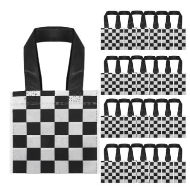 Imagem de Mikzhskr Pacote com 24 mini sacos de lembrancinhas de festa de carro de corrida reutilizáveis preto e branco com tema quadriculado de doces com alças para suprimentos de festa de aniversário de carro
