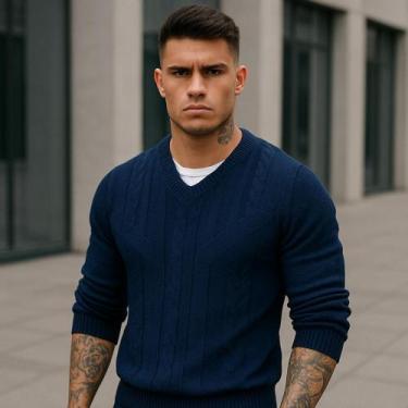 Imagem de Sueter masculino gola V de tricot blusa de frio - Generica, Azul, M