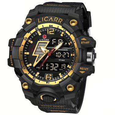 Imagem de Relógio Esportivo Masculino Com Cronógrafo Analógico Digital Duplo Display 50m À Prova Da Água Preto Dourado