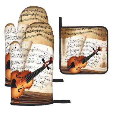 Imagem de Borboleta e violoncelo – Conjunto essencial de cozinha com 3 peças, luvas e aderência para tampa, proteção para churrasco no forno, design de armazenamento suspenso.