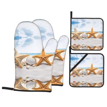 Imagem de Pearls Seashell Theme - Conjunto de luvas de cozinha estampadas com suportes de tampa, luvas de forno resistentes ao calor para lidar com panelas quentes, grelhar, churrascos, kit de 4 peças.