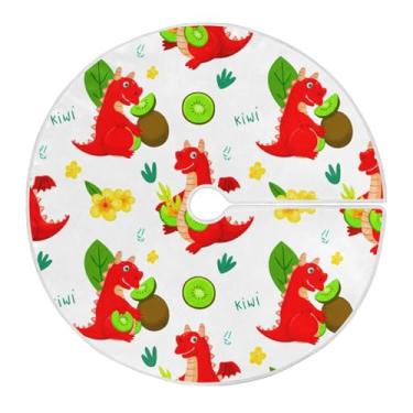 Imagem de Wassud Saia para árvore de Natal com laços seguros, desenho animado de dragões vermelhos, tapete de árvore de Natal festivo para festas de ano novo, decoração de casa