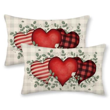 Imagem de Conjunto de 2 capas de almofada para dia dos namorados, 30,5 x 50,8 cm, com 2 capas de almofada xadrez, vermelho, coração, coração, coração, casamento, dia das mães, aniversário de casamento, presente