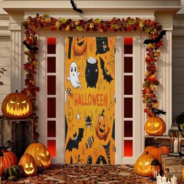 Imagem de Wassud Decoração de cobertura de porta de abóboras tema de Halloween faixa interna externa decoração de casa de varanda grande decoração de porta da frente 96 x 98 polegadas