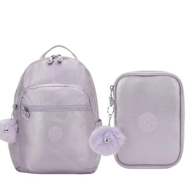 Imagem de Kit Escolar Mochila Kipling Seoul + Estojo 100 pens Lilac M Met BTS