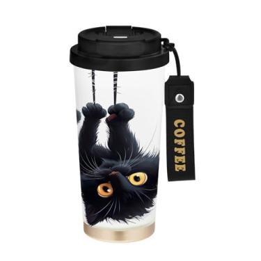 Imagem de YETTASBIN Caneca de café de viagem com isolamento térmico Black Cat 482 g com tampa canudo, copo à prova de derramamento e vazamento com alça para bebida quente e fria, garrafa de água de aço