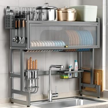 Imagem de Escorredor de pratos sobre a pia com tampa, escorredor de pratos sobre a pia, escorredor de pratos de 3 níveis, mantenha o manto da pia da cozinha organizado, economizando espaço para pratos e