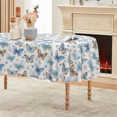 Imagem de Horaldaily Toalha de mesa de primavera 152 × 213 cm, oval, aquarela, azul, roxo, cinza, borboletas, flores, lavável, capa de mesa sazonal para decoração de festa, piquenique, jantar