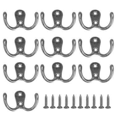 Imagem de PDETVEO 10 ganchos de parede de pino duplo, cabides decorativos para casacos com parafusos de montagem, ganchos montados na parede para toalhas, roupas, bolsas, cozinha, banheiro (prata)