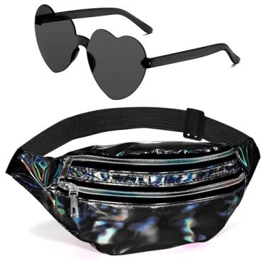 Imagem de Pochetes holográficas para mulheres e homens, óculos de sol de coração, pochete dos anos 80 e 90, pochetes transversais para mulheres, Preto, cinza, 12.6 x 3.5 x 5.7 inches