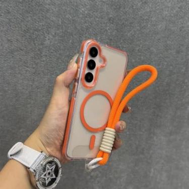 Imagem de Capa transparente com alça de pulso magnética para carregamento, compatível com Samsung A56, A36, A25, A05, A15 e Galaxy S24 Ultra e S25 Plus. Cor: Laranja GS. Também compatível com Galaxy A06 5G