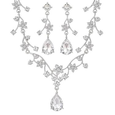 Imagem de KLSURPRISE2 Conjunto de joias florais para mulheres – Conjuntos de joias de casamento para noivas com colar de cristal e brincos para noivas e damas de honra, Large, Metal, Strass