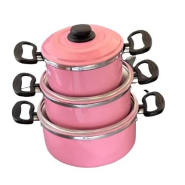 Imagem de JOGO DE PANELAS KIT 3 CAÇAROLAS * ROSA * 14Cm, 16Cm, 18Cm para Cozinha Familiar, Compatível com Fogões Brasileiros