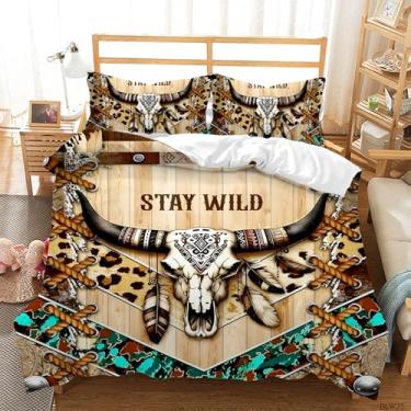 Imagem de AILONEN Conjunto de capa de edredom Dreamcatcher Bull Skull tamanho Queen, 3 peças étnicas highland gado crânio camuflagem caça, 2 fronhas