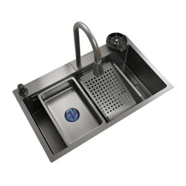 Imagem de Nano pia de aço inoxidável, pia de cachoeira, pia de cozinha de tigela única, pia de estação de trabalho, pia moderna, pia embutida de fazenda, com torneira removível (75 * 46 * 21 cm)