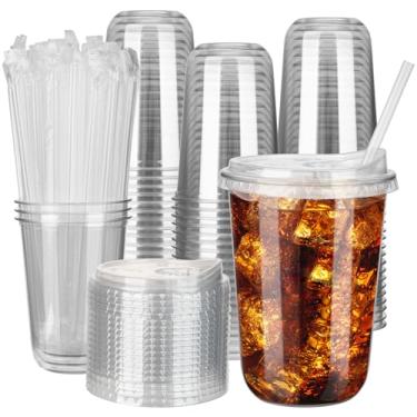 Imagem de MOQRUAO 100 conjuntos de copos de plástico descartáveis sem haste de 473 ml com tampas sem palha, copos de café PET transparentes para café gelado, bebidas frias, Halloween, Natal, festa e suprimentos