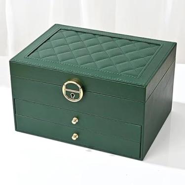 Imagem de Maleta Porta Joias Grande de Couro com Chave - Organizador Luxuoso 3 Camadas, Forro Aveludado, Presente Feminino Elegante(Q19/VERDE)
