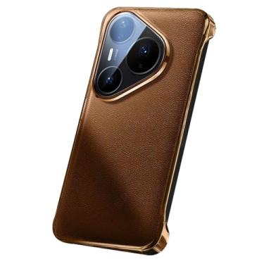Imagem de LTLMYDAM Capa de revestimento para Huawei Pura 80 Ultra/80 Pro/80Pro+/80, Capa de couro genuíno de luxo sem moldura galvanizada com borda dourada, marrom, 80 Pro+