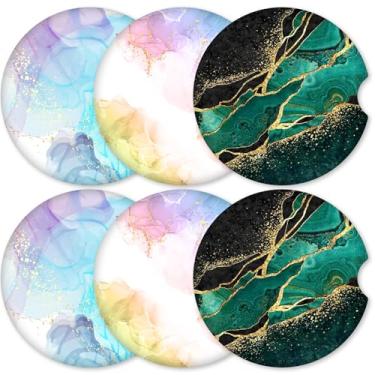 Imagem de Pacote com 6 porta-copos de cerâmica para carro com suporte de cortiça, fácil de retirar para limpeza, inserções absorventes e antiderrapantes para interior de automóveis (padrão de mistura)