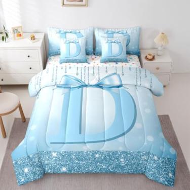 Imagem de Conjunto de edredom Queen com letra D com letra D, para crianças, adultos, mulheres, com laço de alfabeto fofo em uma bolsa, conjunto de cama de 7 peças, moderno, moderno, conjunto de edredom