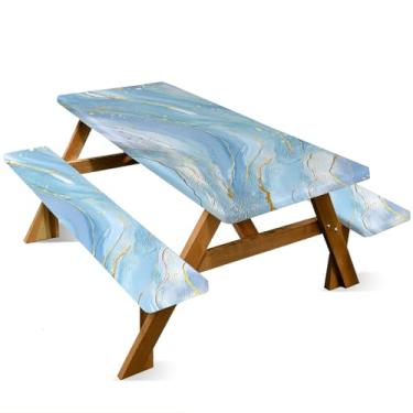 Imagem de ANNA QUEEN Conjunto de capa de mesa de piquenique de boneco de neve de Natal de 1,8 m com capas de banco, 3 peças, 183 x 76 cm, proteção de móveis para banco e toalha de mesa (azul - ouro)