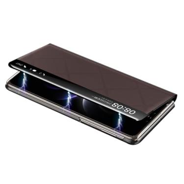 Imagem de POYUFRG Capa flip para Huawei Mate X7, capa de proteção com fecho magnético de janela de visualização inteligente de couro fino suporta capa de carregamento sem fio, marrom, Mate X7