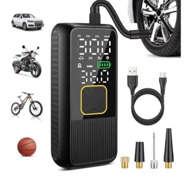 Imagem de Compressor de Ar Portátil 150 PSI Bomba Inteligente para Pneus Carro/Moto/Bicicleta - Manômetro Digital LED, Enche em 1 Minuto, Power Bank USB Recarregável + Vários Bicos para Bolas e Infláveis