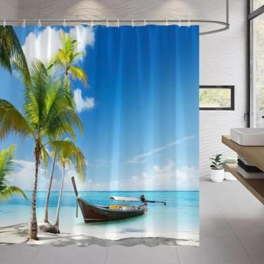 Imagem de Cortina de chuveiro havaiana luz do sol através das nuvens litoral tecido poliéster cortinas penduradas decoração banheiro banheira 54x72in-137x183 cm/LxA conjunto de cortinas de banheiro chuveiro