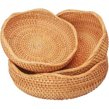 Imagem de Conjunto de 3 cestas de pão de vime natural, cesta de frutas tecida à mão, tigela de vime para frutas, lanches, organização de balcão de cozinha, onda
