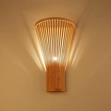 Imagem de Luminária de parede de madeira para interiores, estilo vintage, feita à mão em bambu, com cúpula rústica em rattan, decoração boho para sala de estar, corredor e escadas. Soquete E27. Dimens