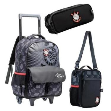 Imagem de Kit Mochila De Carrinho Com Rodas Lancheira Térmica e Estojo Duplo Corinthians Timão-Unissex