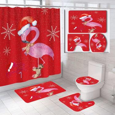 Imagem de Conjunto de cortinas de chuveiro Christmas Flamingo com tapetes de banho