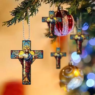 Imagem de Enfeites de cruz de Páscoa, 7 peças, ornamentos cristãos tingidos de acrílico para pendurar em cruz para presépio religioso, árvore de Natal, férias, igreja, decoração de presentes de casa