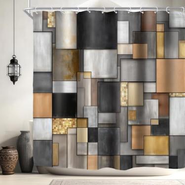 Imagem de Riyidecor Cortina de chuveiro marrom dourada abstrata para decoração de banheiro 72Lx72H bloco geométrico colorido minimalista arte contemporânea tecido poliéster impermeável, pacote com 12 ganchos de