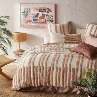 Imagem de Conjunto de capa de edredom Boho Tufted - Conjunto de cama de algodão de 3 peças, capas de edredom bordadas macias e jacquard com fronhas, tamanho Queen/King, fazenda chique gasto, macio e respirável