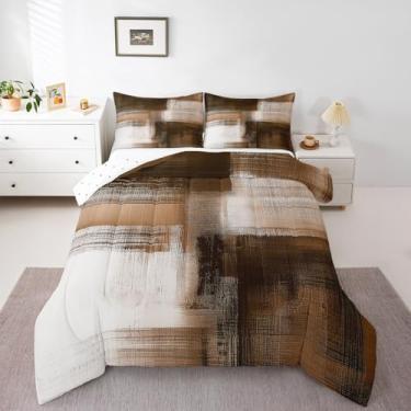 Imagem de Feelyou Conjunto de edredom de arte abstrata marrom para crianças, meninos, meninas, arte moderna, tamanho king, pintura abstrata, edredom geométrico, decoração de quarto, respirável, macio e leve, 3