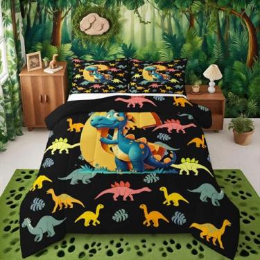 Imagem de Feelyou Conjunto de edredom infantil com estampa de dinossauro, solteiro, personalizado, inicial C, kawaii, selva, dinossauro, engraçado, estampa de alfabeto, edredom para decoração de quarto