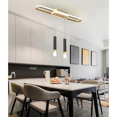 Imagem de Luminária pendente moderna com intensidade ajustável (altura regulável), spots LED e controle remoto para iluminação de teto em cozinhas, salas de jantar e salas de estar (dourada, A80CM)
