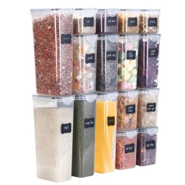 Imagem de Conjunto de potes herméticos para armazenamento alimentos 16 peças plástico BPA secos com vedação confiável design empilhável organização e na despensa da cozinha ideal cereal farinha açúcar inclui ró