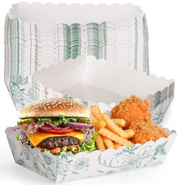 Imagem de woric 60 bandejas de comida de papel floral verde sálvia, descartáveis, lanche, nacho, cachorro-quente, suporte de taco para aniversário, chá de bebê, artigos de casamento