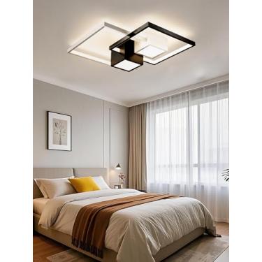 Imagem de Luminária de teto LED moderna, regulável, retangular, preta e branca, com controle remoto, ideal para quarto, cozinha, sala de jantar, escritório e sala de estar (50 cm).