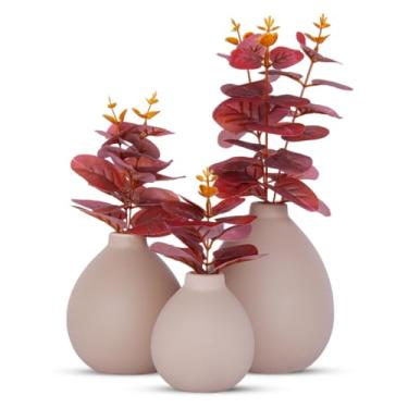 Imagem de Kit 3 Vasos de Cerâmica Flor Eucalipto Artificial Decorativa Toque Real(Marsala)