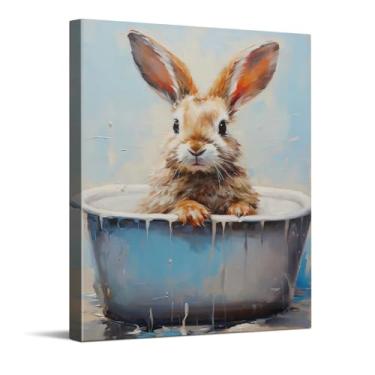 Imagem de CYFDYVT Impressões em tela de banho de coelhinho fofo, arte de parede em tela estilo pintórico, decoração de banheiro, decoração de quarto infantil, decoração de casa com tema coelhinho da Páscoa