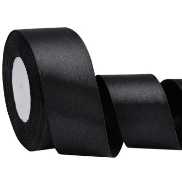 Imagem de EUSOAR Fita preta, 1 rolo de 3,8 cm x 25 m, fita de cetim de tecido, fitas de seda sólida para artesanato, embrulho de presente, buquê de flores, convite feito à mão, decoração de cabelo, decoração de