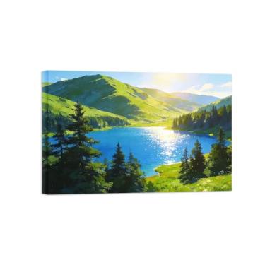 Imagem de BMZFYBS Impressão em tela de paisagem de arte de parede - Spring Mountain Lake - Pintura decorativa - Imagens para sala de estar pronta para pendurar tela emoldurada 20x30cm8x12in