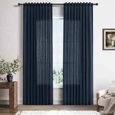 Imagem de Cortinas de linho azul vintage com aba traseira longa de 203 cm para sala de estar, 2 painéis, conjunto moderno de casa de fazenda, gancho, cortinas de linho, filtro de luz, transparente, privacidade