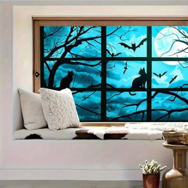 Imagem de HOMETITUTE Película de privacidade para janela de Halloween, azul, lua cheia, gato, morcego, adesivos de janela estática para painéis de vidro, adesivos de vidro assustadores 100 x 44 cm, decorações