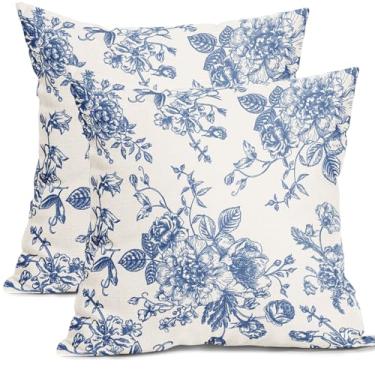 Imagem de Kawani Capas de almofada florais azuis 40,6 x 40,6 cm vintage flor azul creme conjunto de 2 fronhas chinoiserie capas de almofada quadradas para sofá cama sofá cadeira decoração de carro