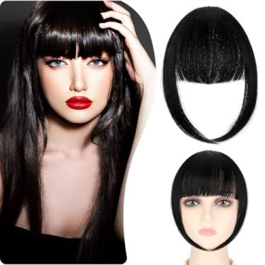 Imagem de Franja com clipe, franja de grampo de cabelo, apliques de cabelo para mulheres, franja com têmporas, extensões de cabelo grosso curvado natural, peruca de cortina de clip-in, preto escuro